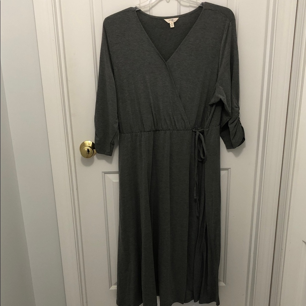 Terra & Sky Charcoal Wrap Midi Dress with Tie Waist